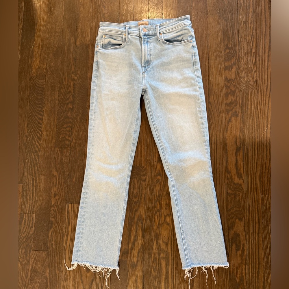 MOTHER Light Blue midrise dazzler crop fray